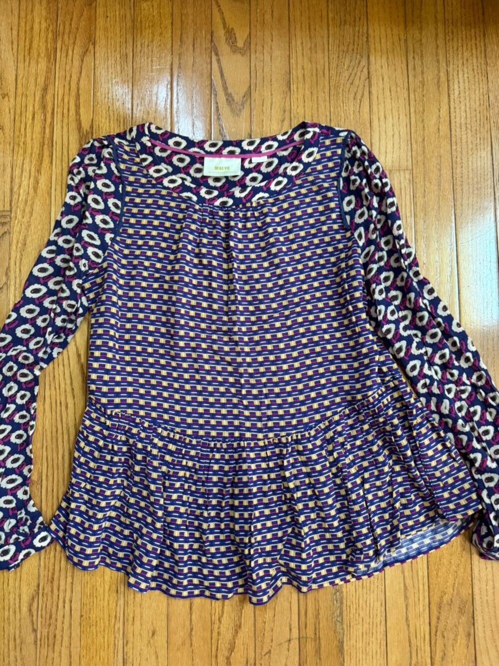 Maeve Anthropologie Mixed‑Print Viscose Tunic Top Long Sleeve Flounce Hem